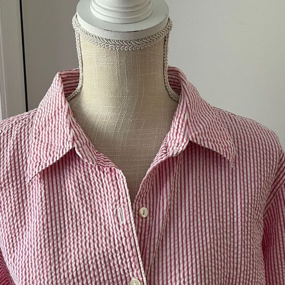 L.L. Bean Pink and White Seersucker Cotton Button up Blouse 3/4 Sleeve SZ XL - Picture 5 of 8